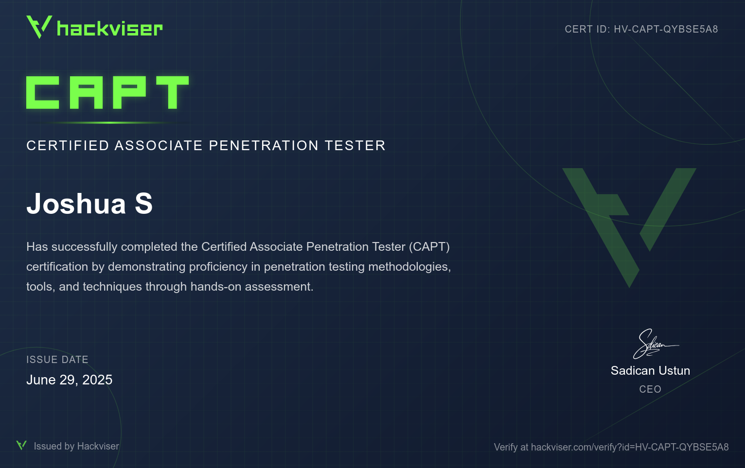 Certified Associate Penetration Tester certificate