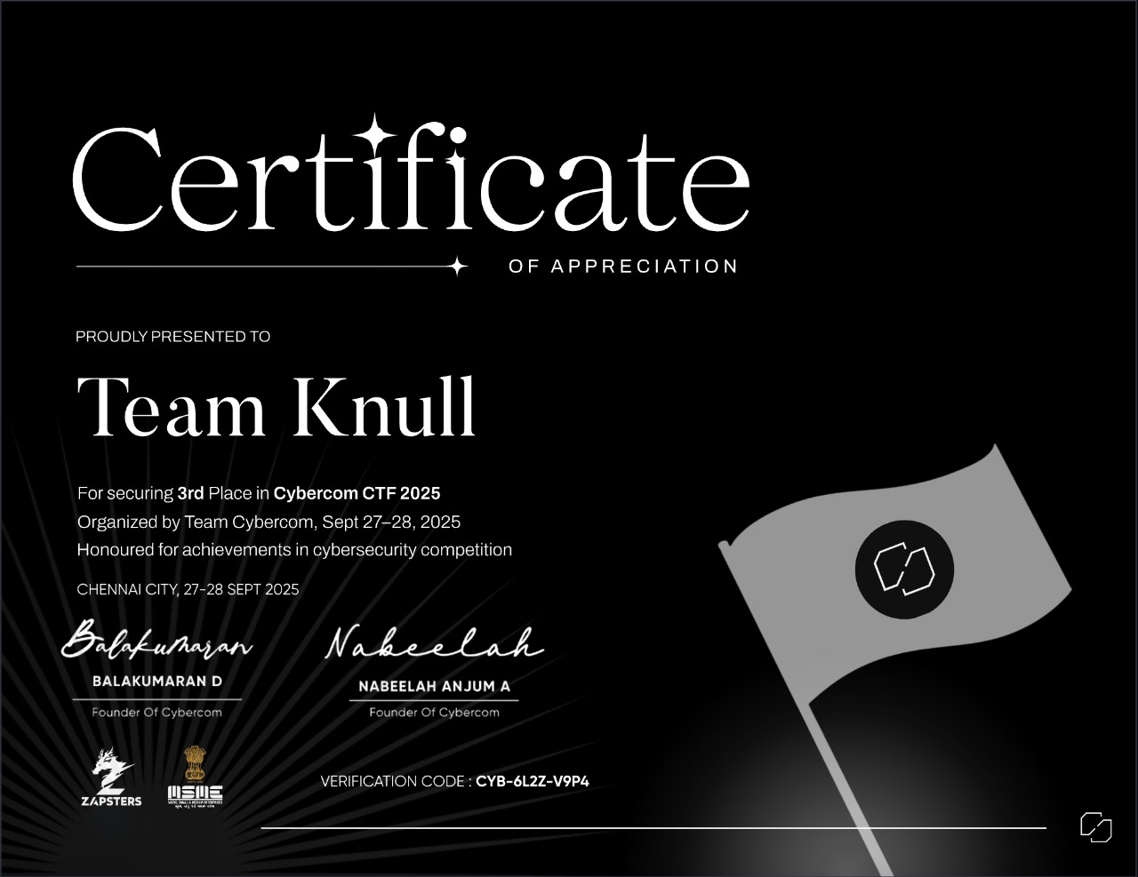 Cybercom CTF 2025 certificate of appreciation