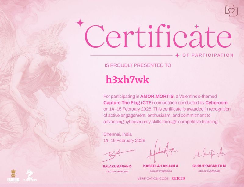 Cybercom Amor Mortis CTF 2026 third place certificate