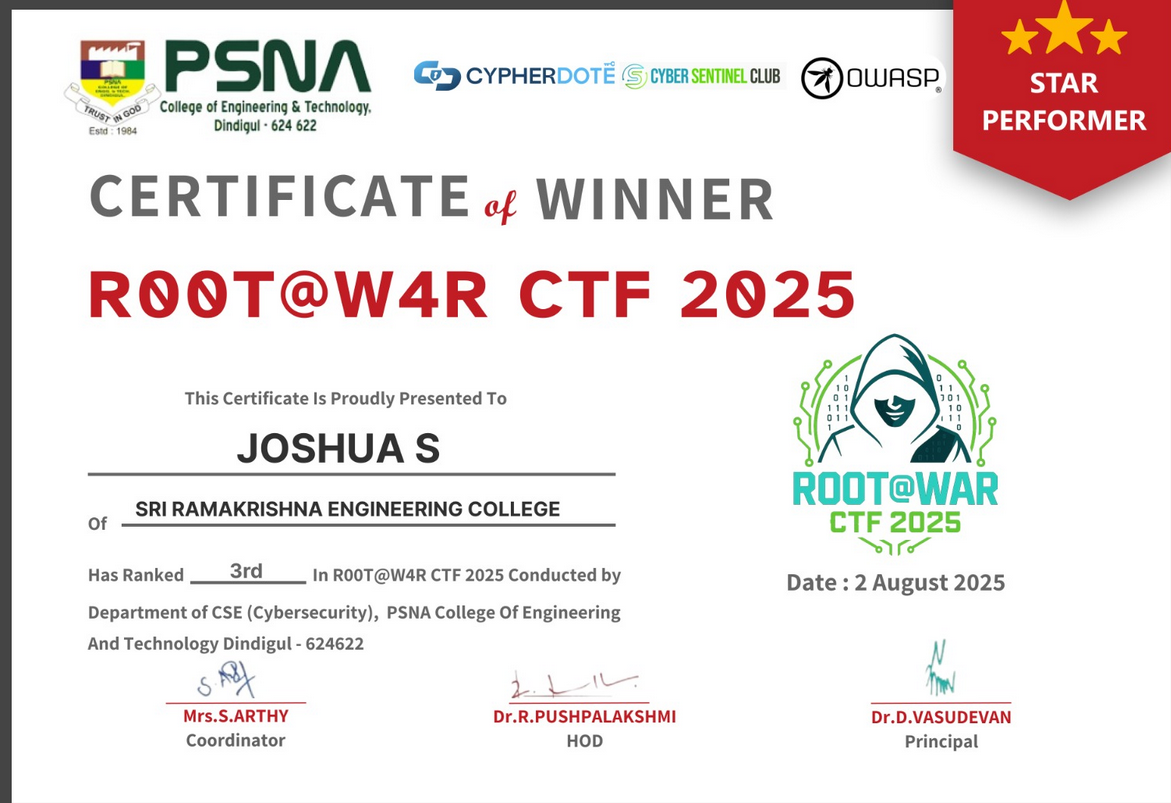 R00T@W4R CTF 2025 star performer certificate