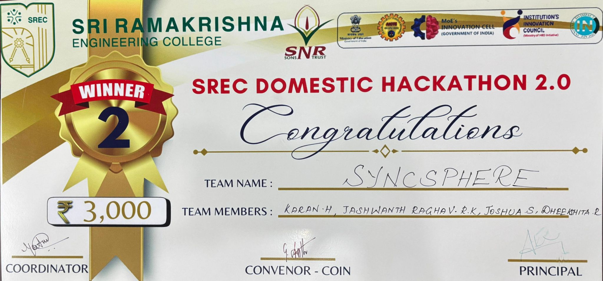 SREC Domestic Hackathon 2.0 second place award