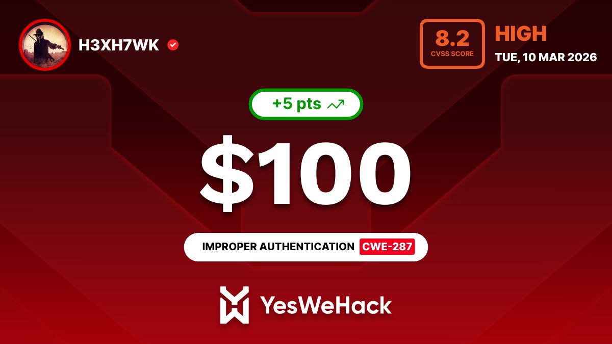YesWeHack bug bounty reward for improper authentication
